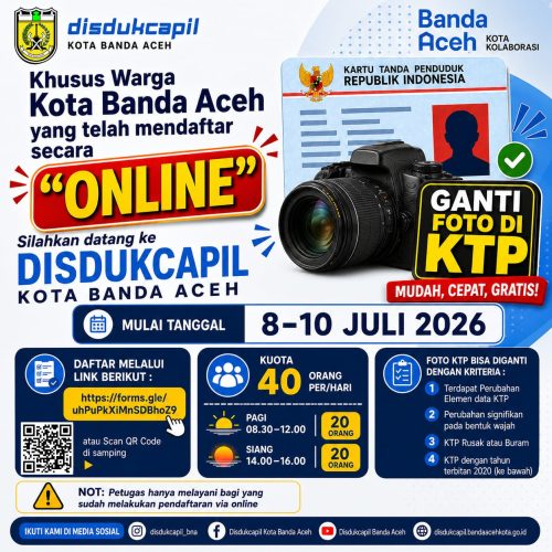 Pembukaan layanan penggantian foto KTP yang berlangsung pada 8–10 Juli 2026 dengan kuota 40 pemohon per hari melalui pendaftaran secara online. Foto: Dok. Diskominfo Kota Banda Aceh