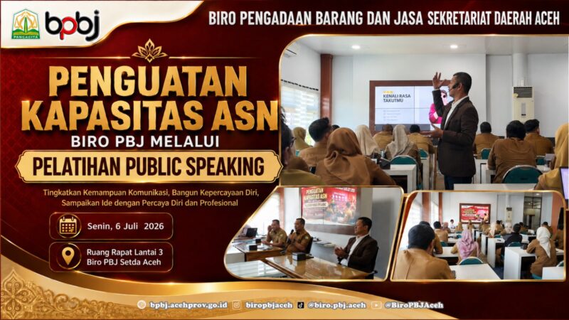 ASN Biro Pengadaan Barang dan Jasa Sekretariat Daerah Aceh mengikuti pelatihan public speaking di Ruang Rapat Lantai 3 Biro PBJ Setda Aceh, Senin (6/7/2026). Foto: Dok. Istimewa 