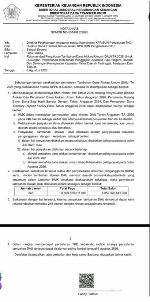 Salinan dokumen Nota Dinas tertanggal 6 Agustus 2026 yang beredar di media sosial dan mencantumkan Kabupaten Aceh Jaya dalam rekomendasi tambahan DAU sebesar Rp36,808 miliar. Foto: Dok. Screenshot