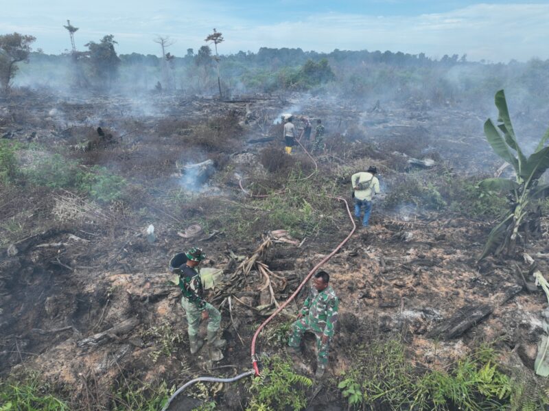 Tim gabungan TNI, Polri, BPBD Aceh Selatan, personel TNGL, pemerintah kecamatan, dan masyarakat melakukan penyisiran serta pendinginan pada area yang masih mengeluarkan asap akibat kebakaran hutan dan lahan di Gampong Drien, Kecamatan Bakongan, Aceh Selatan, Senin (31/8/2026). Foto: Dok. Istimewa 
