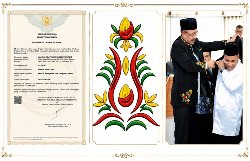 Bupati Pidie, Sarjani Abdullah saat memakaikan baju khas Pidie kepada anggota MAA setempat beberapa waktu yang lalu, (Foto.IST).