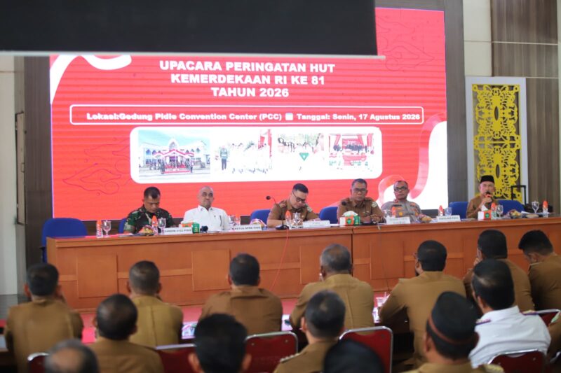 Rapat finalisasi hari perdamaian Aceh dan HUT Kemerdekaan RI di Oproom Sekdakab Pidie, Senin (10/8/2026) (Foto.IST).