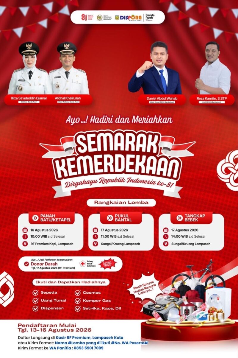 Pemko Banda Aceh mengajak masyarakat mengikuti berbagai perlombaan Semarak Kemerdekaan dalam rangka HUT ke-81 RI, Jumat (14/8/2026). Foto: Dok. Diskominfo Kota Banda Aceh