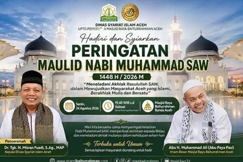 Masjid Raya Baiturrahman Banda Aceh menjadi lokasi pelaksanaan peringatan Maulid Nabi Muhammad SAW 1448 H/2026 M yang digelar Pemerintah Aceh melalui Dinas Syariat Islam Aceh. Foto: Dok. Istimewa 