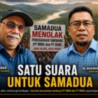 Warga dan elemen masyarakat sipil menyuarakan penolakan terhadap rencana aktivitas pertambangan PT MMS dan PT BSM di Kecamatan Samadua, Aceh Selatan. Foto: Dok. Istimewa 