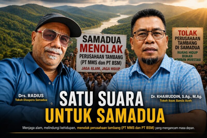 Warga dan elemen masyarakat sipil menyuarakan penolakan terhadap rencana aktivitas pertambangan PT MMS dan PT BSM di Kecamatan Samadua, Aceh Selatan. Foto: Dok. Istimewa 