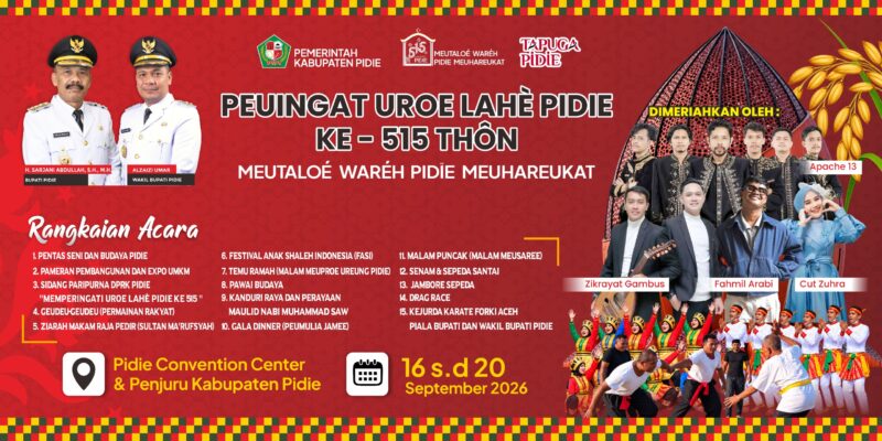 Baliho Uroe Lahee Pidie ke 515 yang akan digelar Rabu (16/9/2026) (Foto.IST).