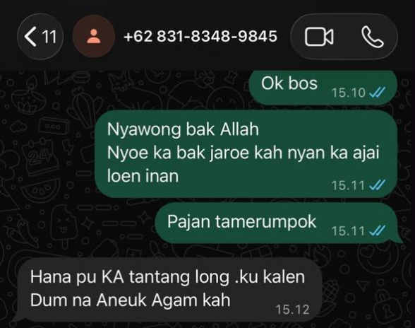 Tangkap layar WhatsApp dari OTK yang diduga bernafa ancaman kepada ketua SaKA Abdya, Miswar SH. Foto. Dok. Teukunizar/noa.co.id