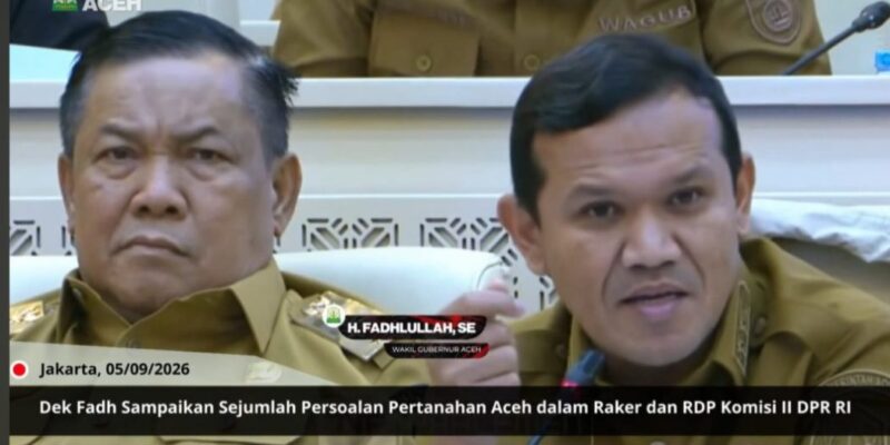 Wakil Gubernur Aceh, H. Fadhlullah saat menyampaikan pendapat pada Raker dan RDP Pengelolaan Aset Pemerintah Daerah/ BMD/ & Aset BUMD dalam PAD, yang diselenggarakan Komisi II DPR RI, di Gedung DPR RI, Senayan, Jakarta, Selasa (15/9/2026). Foto: Dok. Tangkapan Layar Youtube Humas Aceh