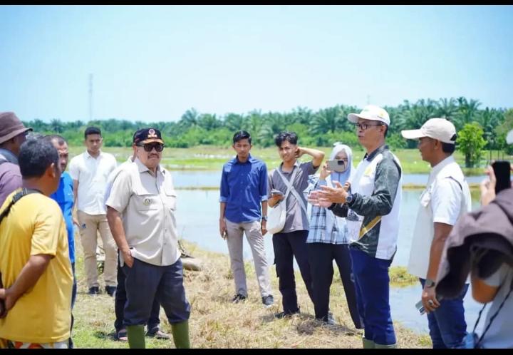 Bupati TRK Memastikan Lansung Sikon Petani Ditengah Kadis Pertanian saat menerangkan Prospek akhir Kepada petani sebagai amanah alat pertanian yang diserahkan Bupati Nagan Raya, Sabtu (5/9/2026). Foto: Dok. Istimewa 