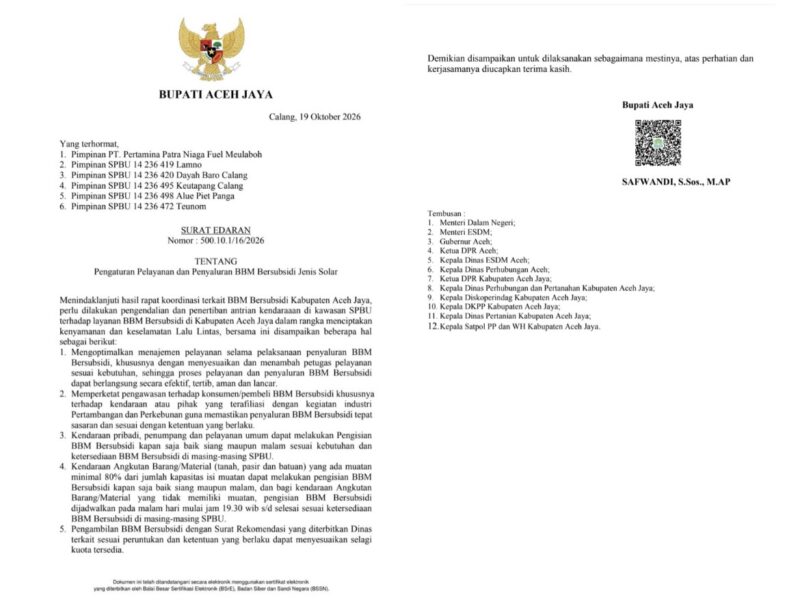 Surat Edaran Bupati Aceh Jaya Nomor 500.10.1/16/2026 tentang Pengaturan Pelayanan dan Penyaluran BBM Bersubsidi Jenis Solar, tertanggal 19 Oktober 2026. Foto: Screenshot Dok. Sanusi/Noa.co.id.