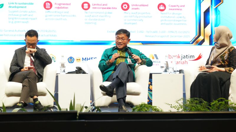 Wakil Direktur Utama BSI, Bob Tyasika Ananta, menyampaikan pandangan mengenai pengembangan wakaf produktif dalam Seminar Internasional GLOW 2026 di Jakarta. Foto: Dok. Istimewa 