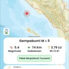 Tangkapan layar informasi gempa bumi magnitudo 5,4 yang berpusat di 88 kilometer barat daya Kabupaten Aceh Barat, berdasarkan rilis resmi BMKG pada 20 Oktober 2026. Foto: Dok Screenshot Sanusi/Noa.co.id 
