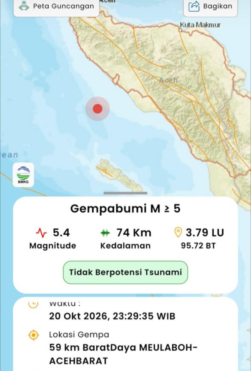 Tangkapan layar informasi gempa bumi magnitudo 5,4 yang berpusat di 88 kilometer barat daya Kabupaten Aceh Barat, berdasarkan rilis resmi BMKG pada 20 Oktober 2026. Foto: Dok Screenshot Sanusi/Noa.co.id 