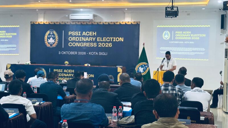 Kadispora Aceh, T.Banta Nuzullah saat membuka Kongres PSSI di Sigli, Sabtu (3/10/2026) (Foto. Amir Sagita.NOA.co.id).
