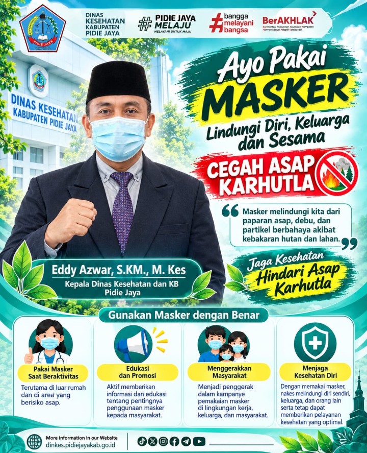 Antisipasi ISPA akibat Karhutla, Dinkes Dan KB Pidie Jaya Himbau Warga agar memakai Masker. Foto:Dok/ Humas Prokopim Pidie Jaya