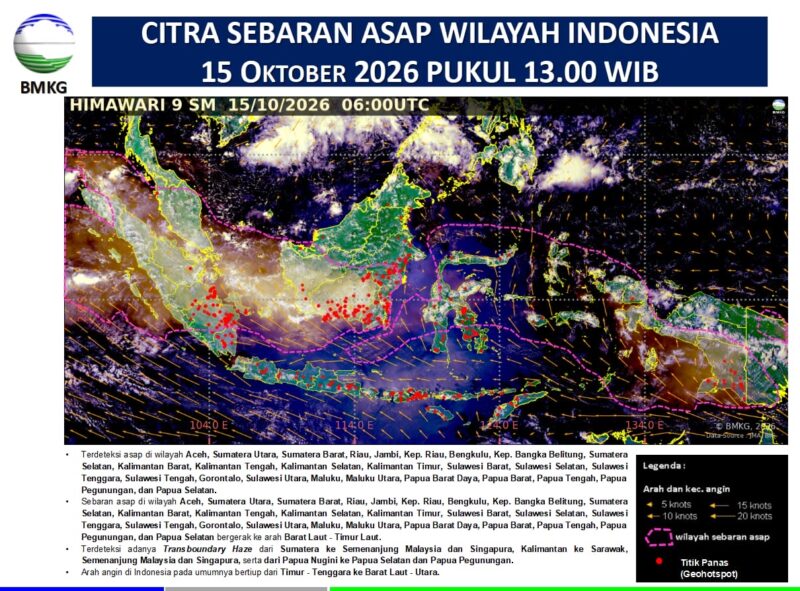 Citra satelit Himawari-9 BMKG menunjukkan sebaran asap di sejumlah wilayah Indonesia, termasuk Aceh, pada Kamis (15/10/2026) pukul 13.00 WIB. Foto: Dok. BMKG